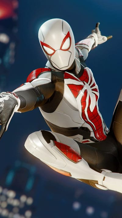 Spider-Man, White Suit, Red Accents, Futuristic, Advanced Suit, Marvel, Superhero, Web-slinger, Action Pose, Gaming, PS5, Modern Design, Dynamic, Comic Book, Heroic, Insomniac Games, Protector, Vigilante, Agility, Tech Suit