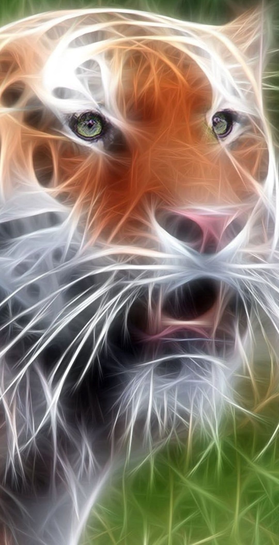 Tiger face with glowing green eyes and fractal fur patterns against a soft green background in a vertical view.