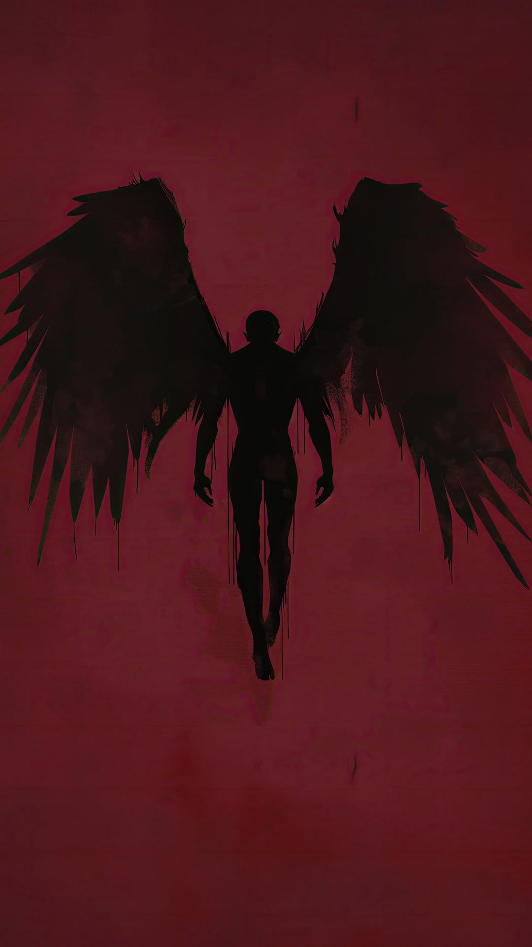 Black winged angel silhouette with dripping feathers stands against a textured deep red background surface.