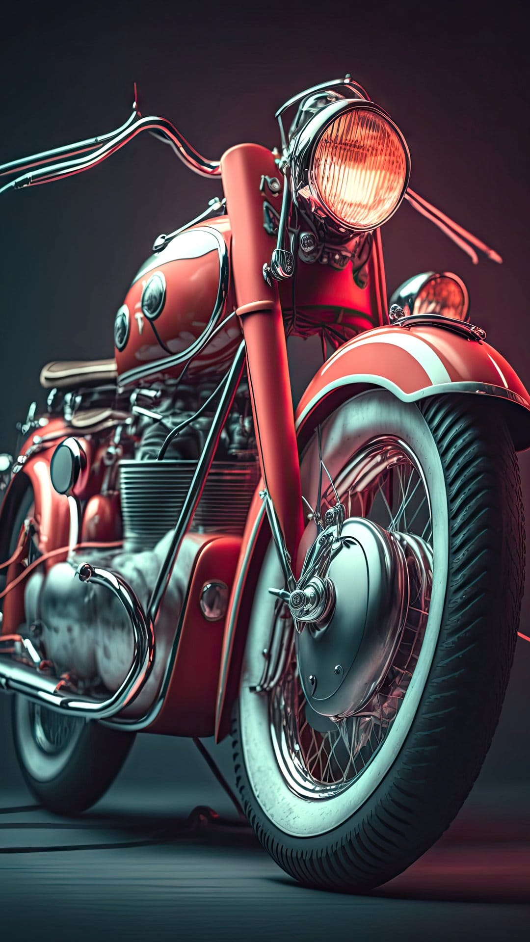 Red vintage motorcycle featuring a chrome headlight and engine parts against a dark, moody studio background.