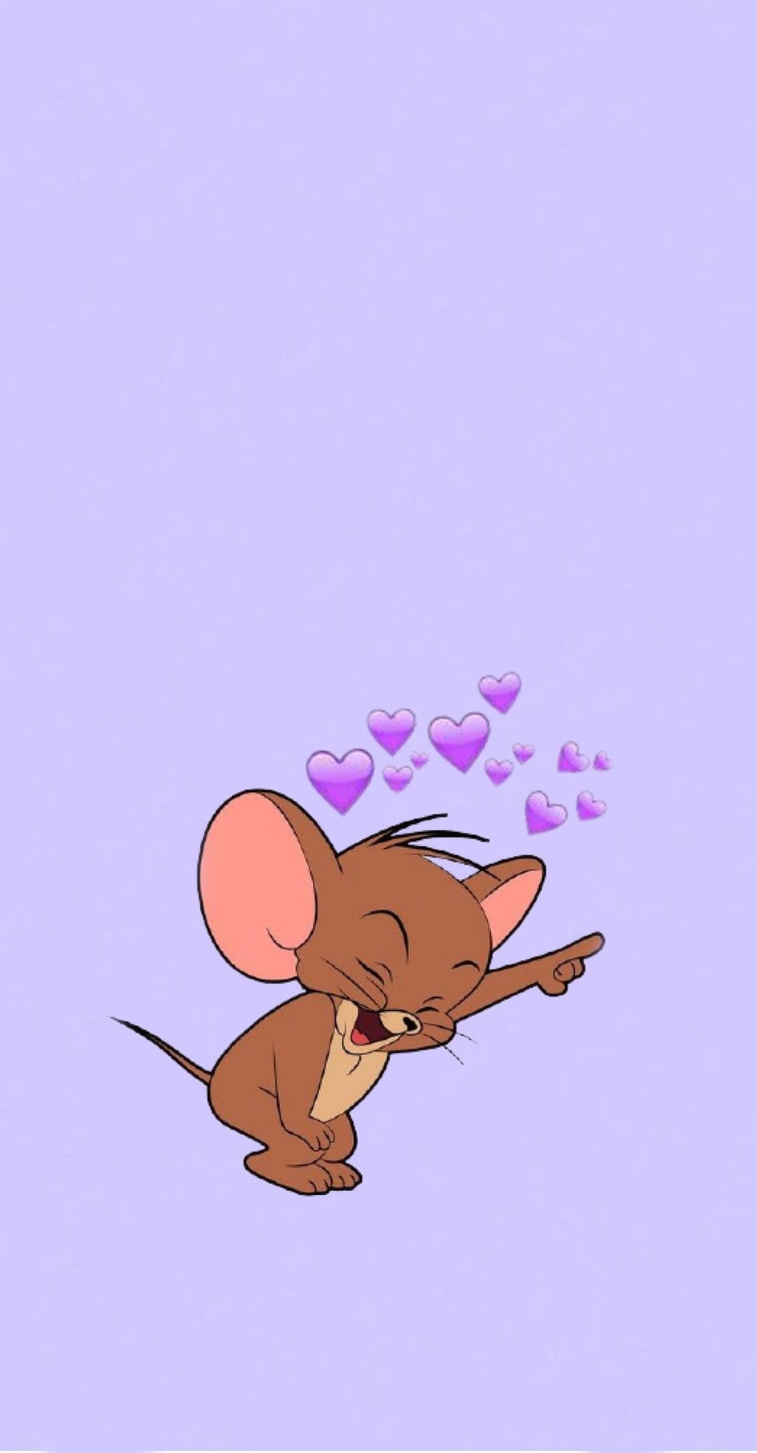 Jerry Mouse laughs with closed eyes and an outstretched arm under floating purple hearts and a lilac backdrop.