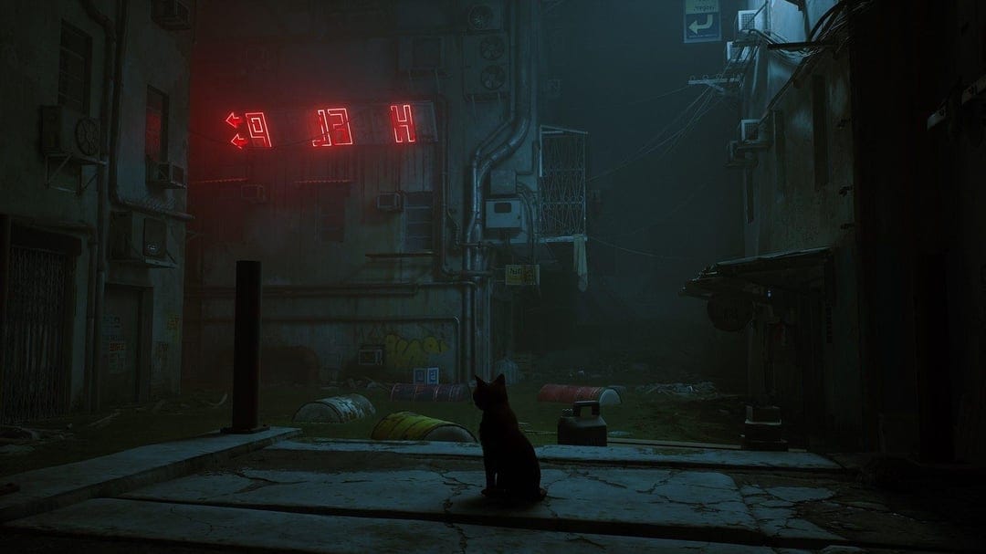 A cat silhouette sits in a dark cyberpunk alley with glowing red neon signs and industrial pipes.