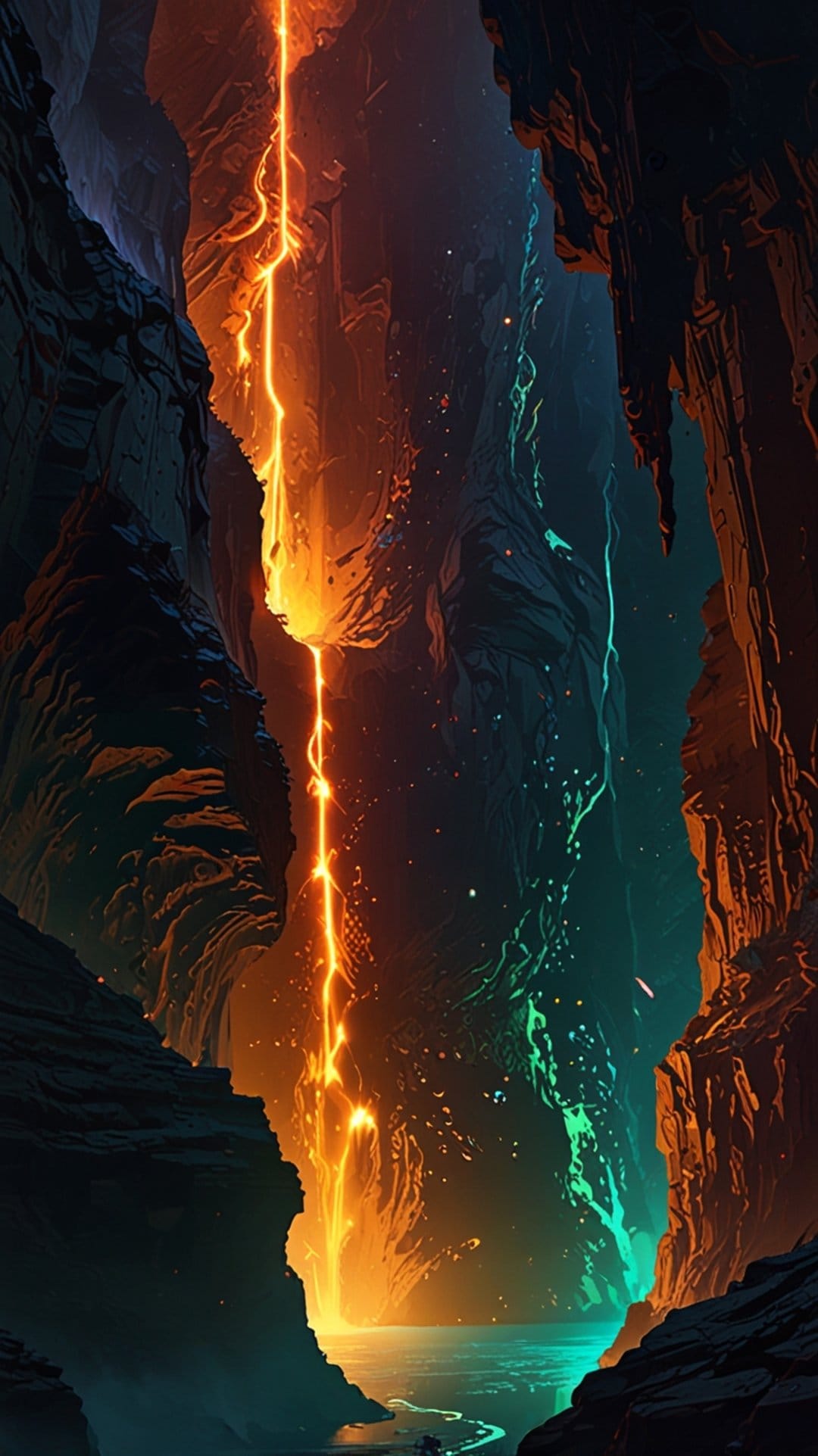 Glowing orange lava cascades down dark rocky cliffs into a misty lime green abyss with high contrast lighting.