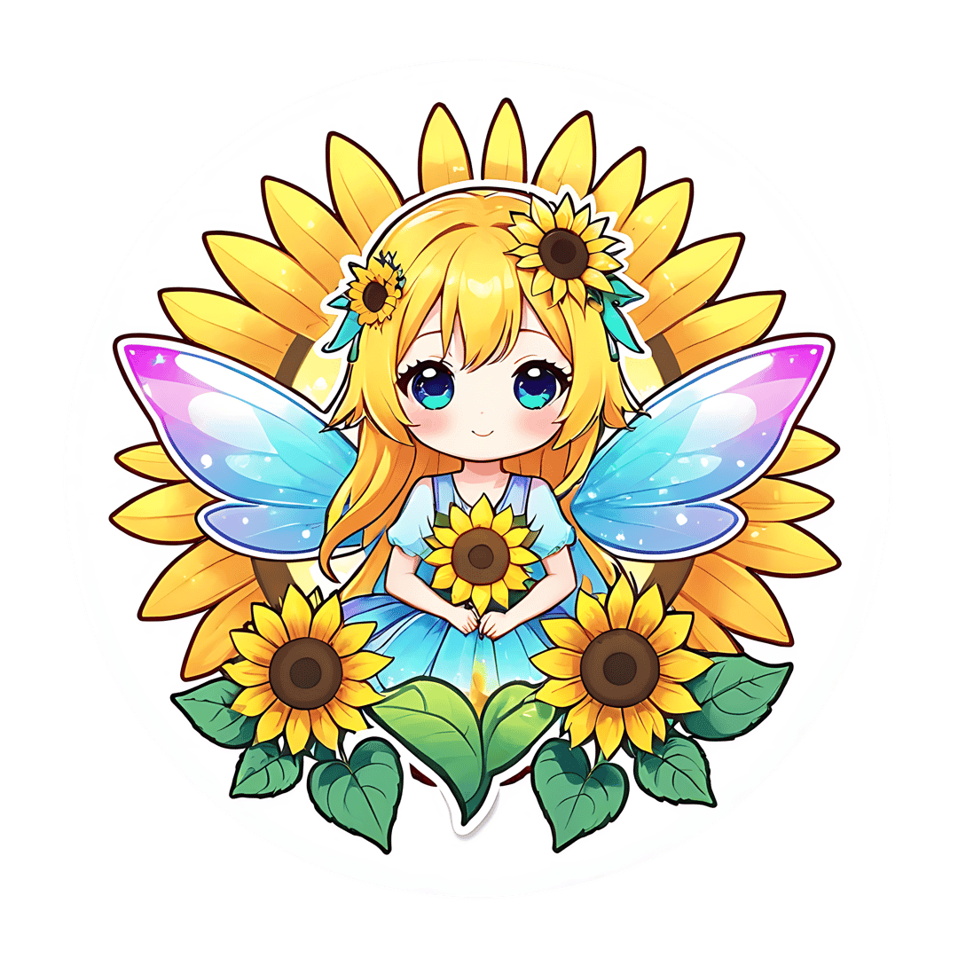 Chibi fairy with sunflower wings and blonde hair holds a yellow flower inside a white circular border.