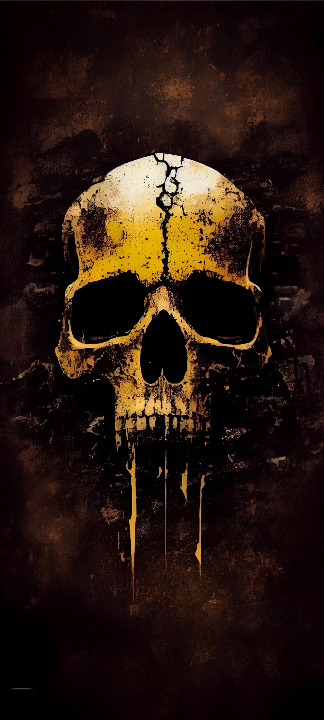 Cracked golden skull with liquid metal dripping from its features against a dark, textured grunge background.