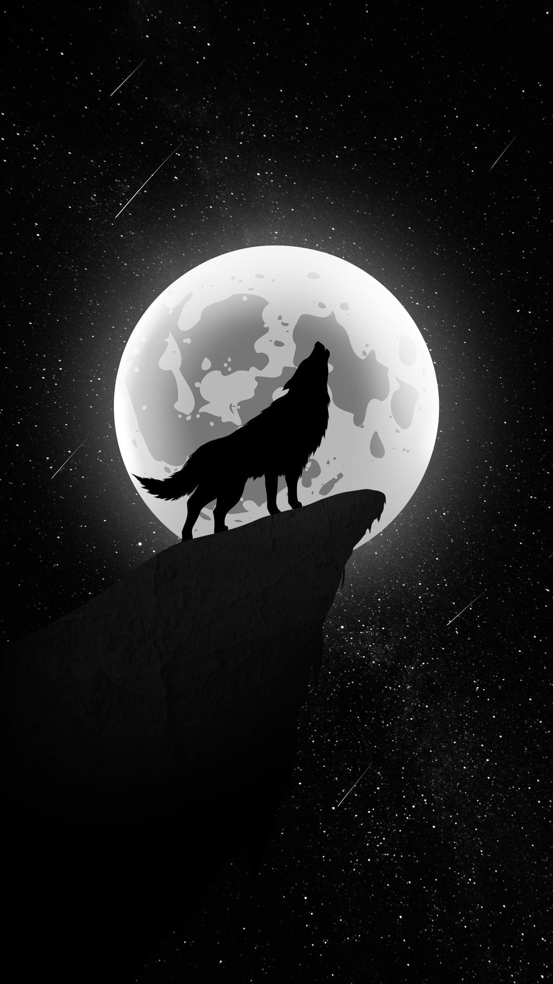 Wolf silhouette howling on a cliff edge against a giant luminous moon and shooting stars in a dark night sky.