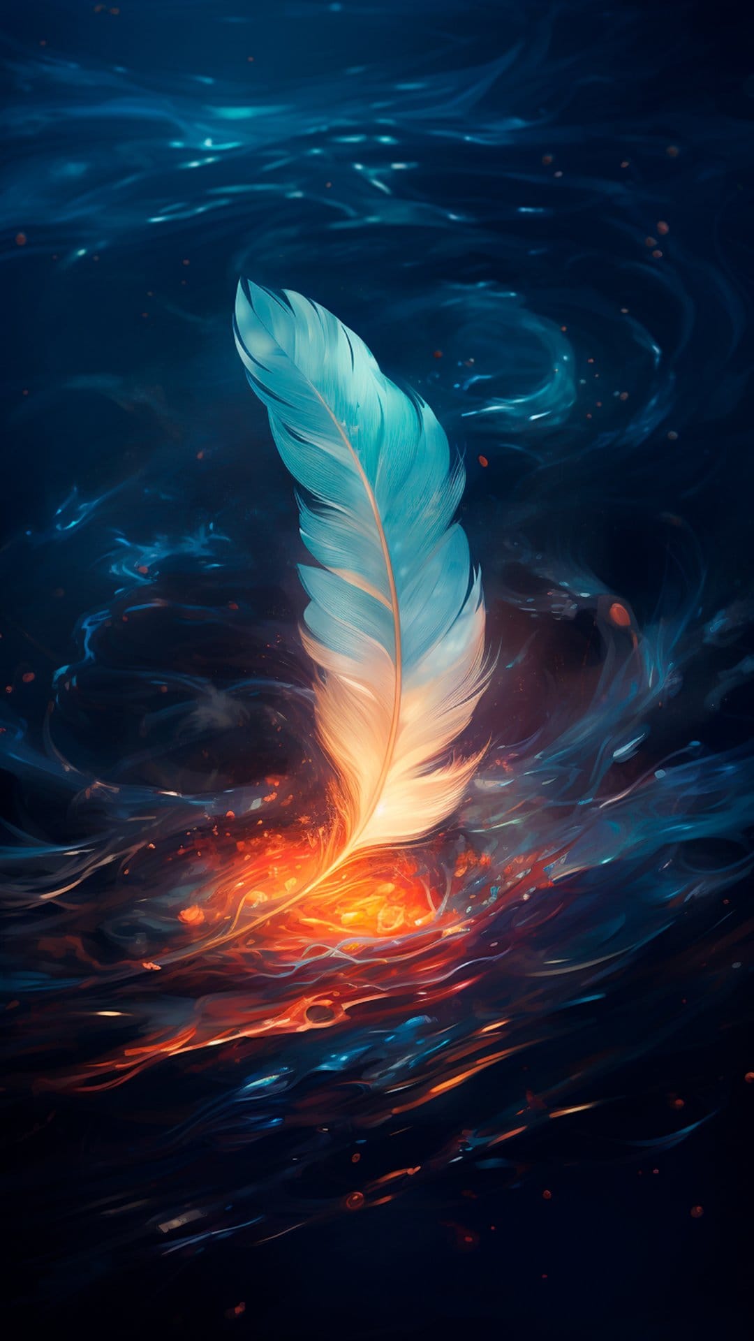 Light blue feather with a golden base floating inside a swirling orange fire vortex and dark celestial nebula.