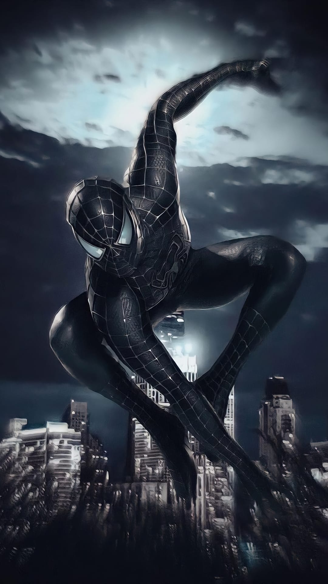 Spider-Man in a sleek black symbiote suit swings between dark skyscrapers under a cloudy, moonlit night sky.