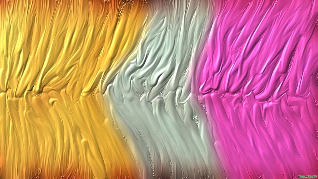 Swirling layers of yellow, white, and pink paint show tactile impasto ridges and fluid vertical patterns.
