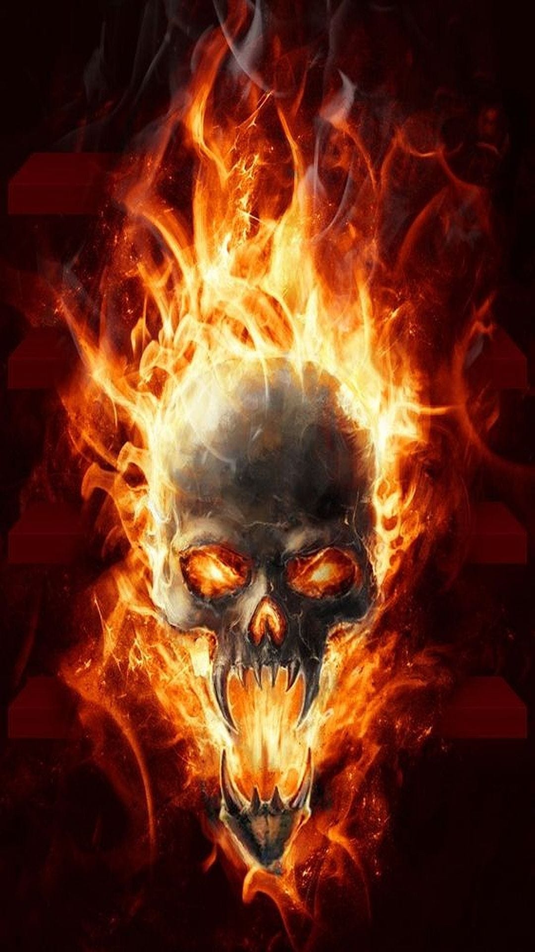 Human skull with glowing eyes and an open jaw engulfed in swirling orange and yellow flames on a dark background.