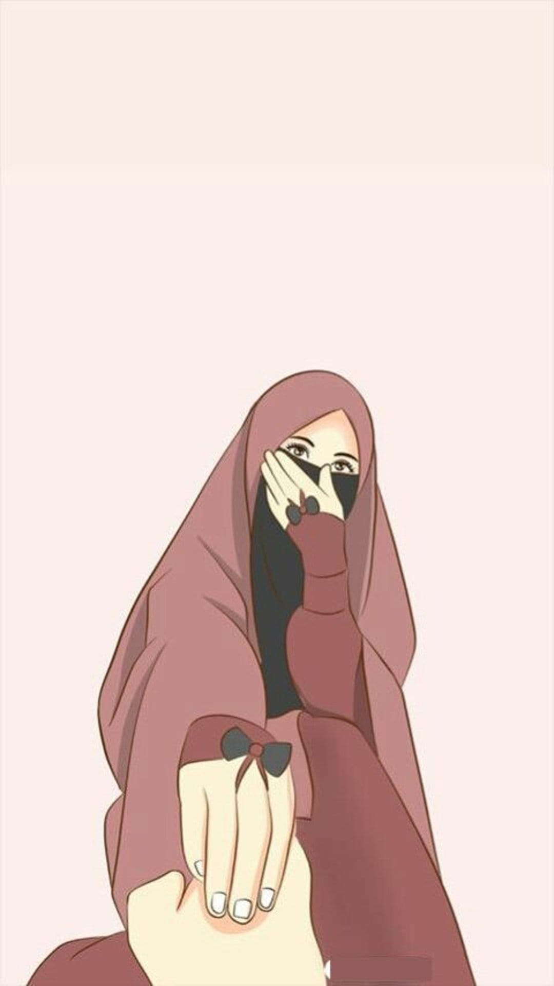 Muslim woman in a niqab and hijab holds hands with her husband in a modest and shy romantic gesture for screens.