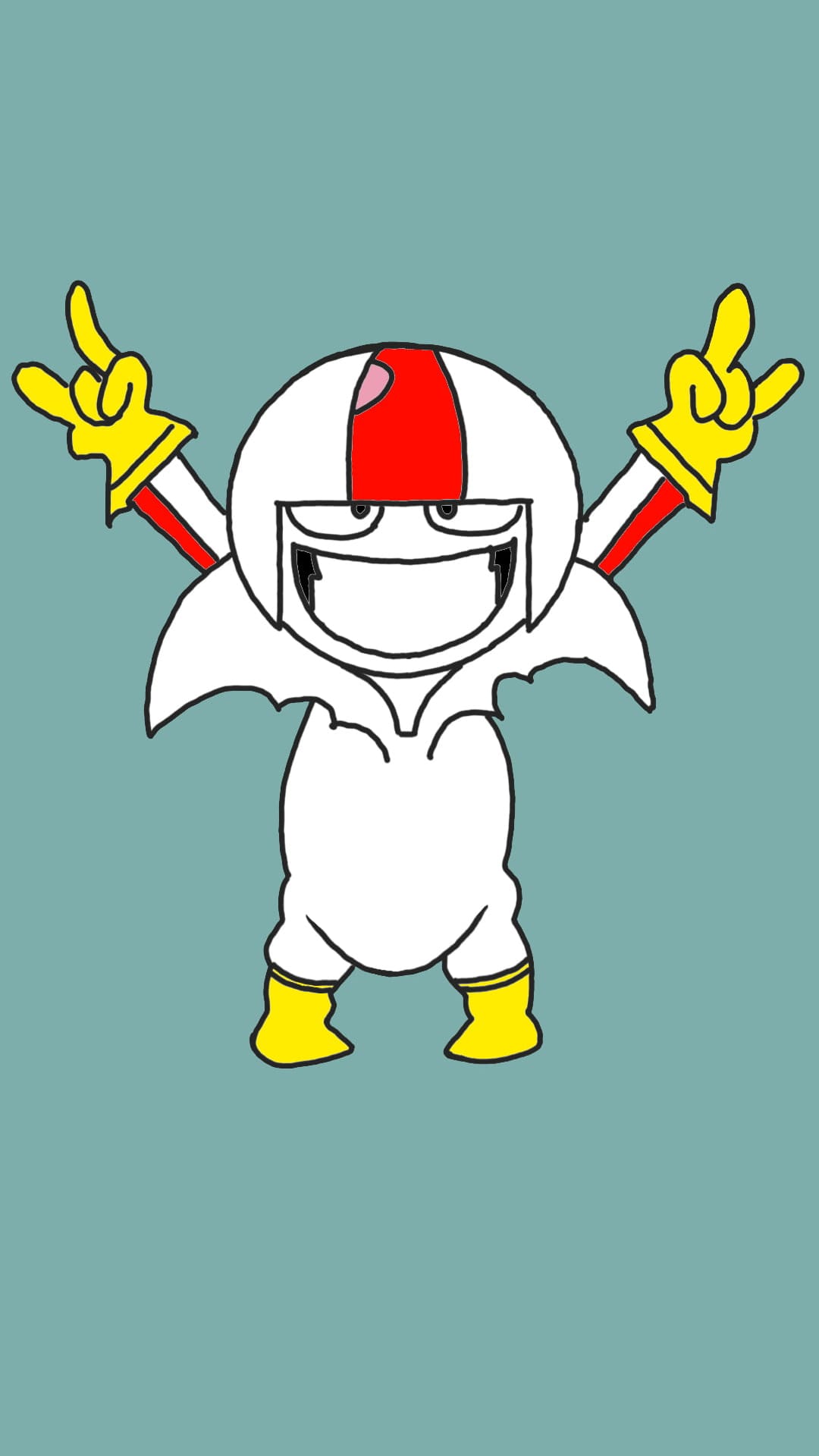 Stuntman character with a white helmet and yellow gloves making rock on signs against a solid teal backdrop.
