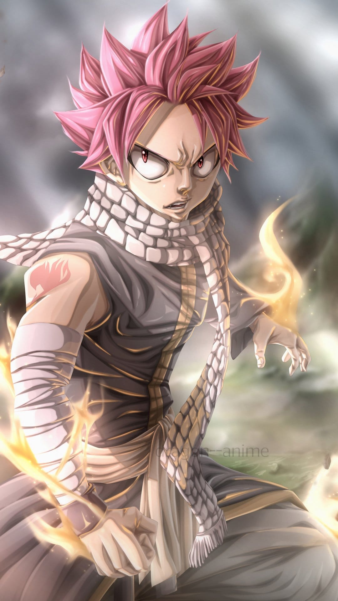 Natsu Dragneel with pink spiky hair and a checkered scarf holds burning flames in a dynamic battle stance.