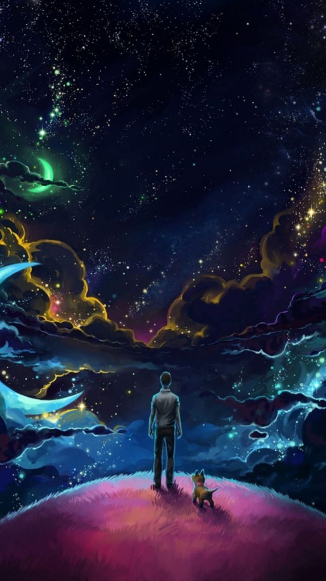 Man and dog silhouette on a grassy hill looking at a glowing crescent moon and colorful nebula in a starry sky.
