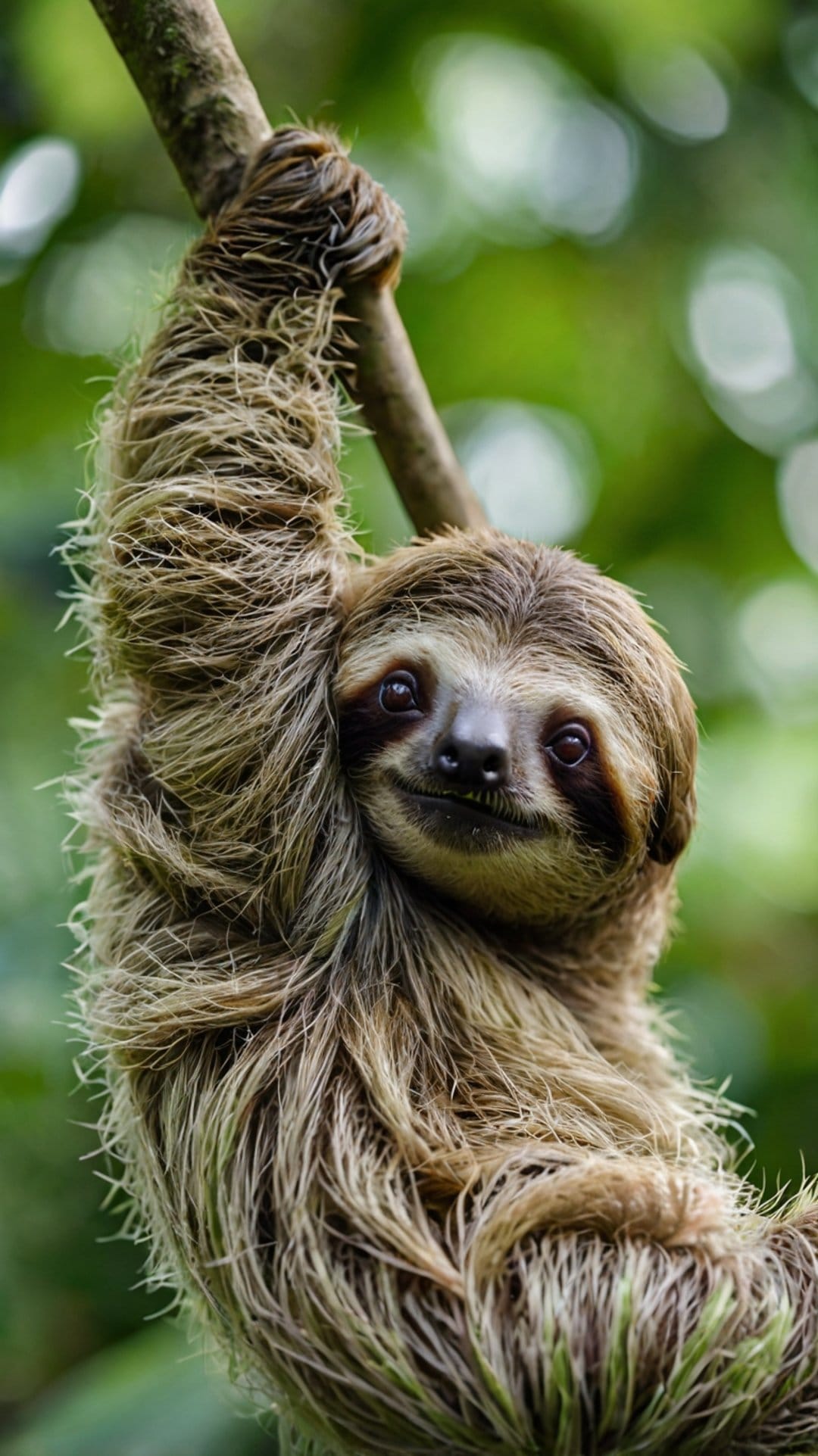 Three-toed sloth with shaggy brown fur hangs from a tree branch against a blurred green rainforest background.