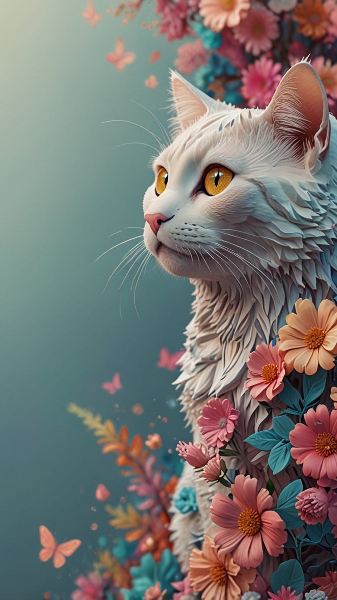 White cat with amber eyes peeking through vibrant spring petals and flying butterflies in a garden.