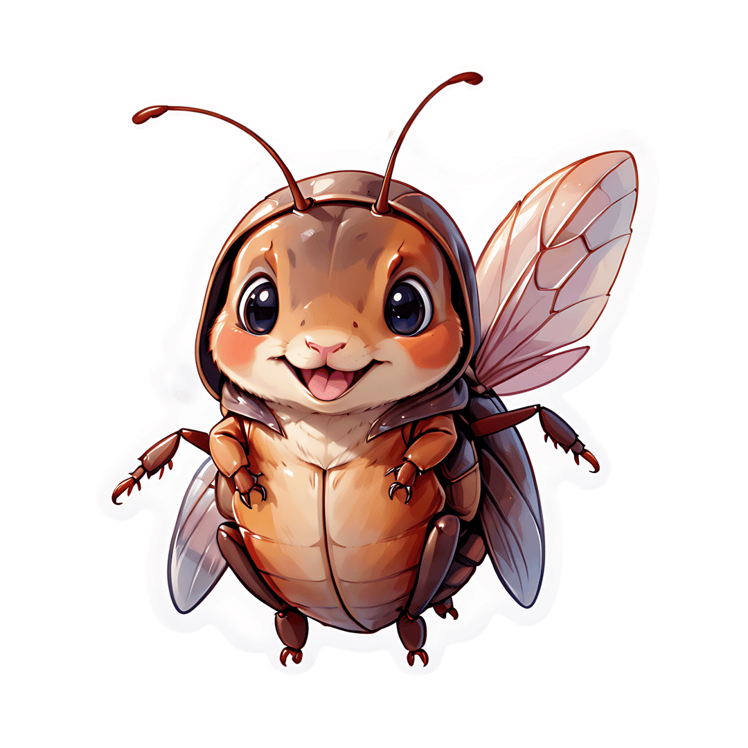 Brown winged bug sticker illustration with a glossy finish, transparent veined wings, and large dark eyes.