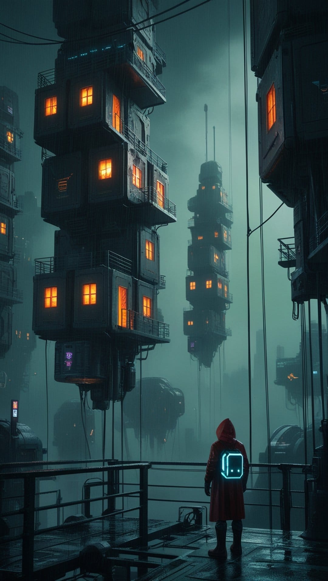Person in a red hooded coat with a glowing blue backpack overlooks floating modular towers in a misty night city.
