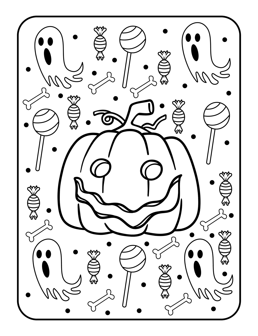Halloween pumpkin coloring page features a carved jack-o'-lantern surrounded by ghosts, candies, and tombstones.