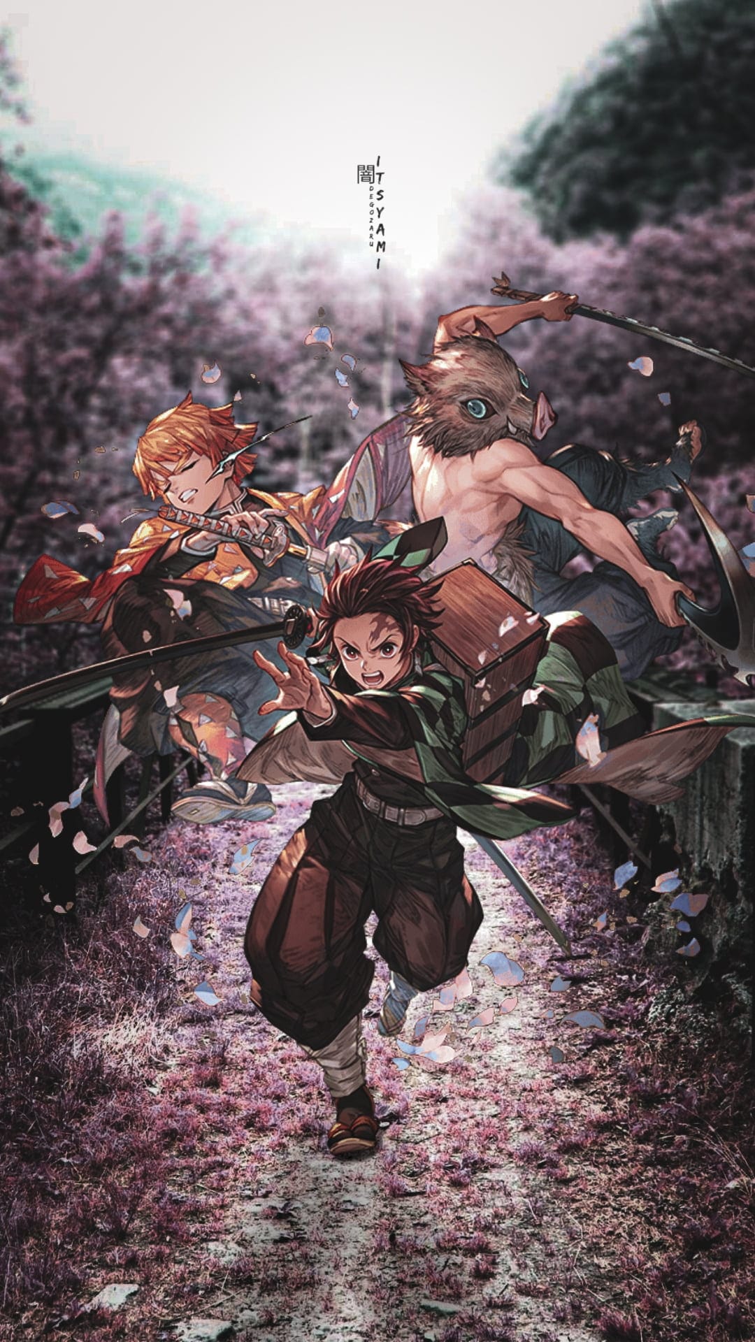 Tanjiro, Zenitsu, and Inosuke running forward on a path covered in pink cherry blossoms under a purple canopy.