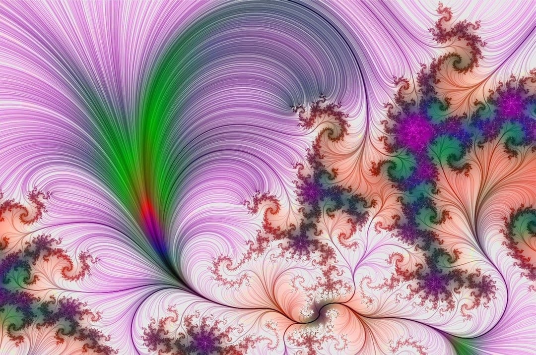 Symmetrical fractal flower with layered pink and purple petals spiraling around a glowing green core.