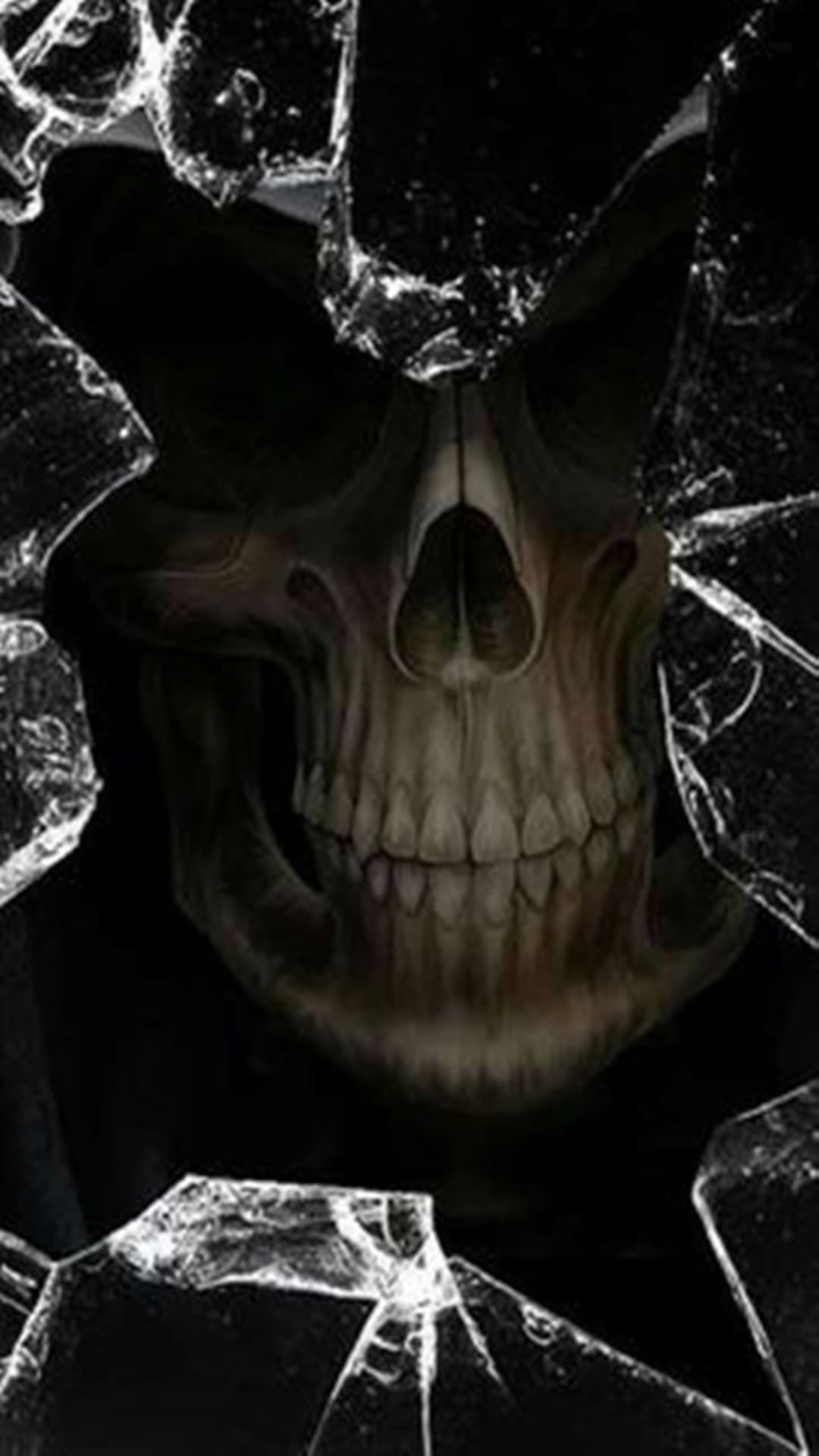 Grim reaper skull seen through a dense network of fractured glass shards with deep shadows and sharp edges.