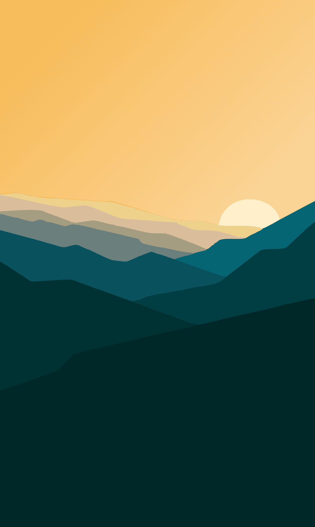 Teal mountain silhouettes layer beneath a glowing orange sun and a yellow gradient sky with subtle grain textures.