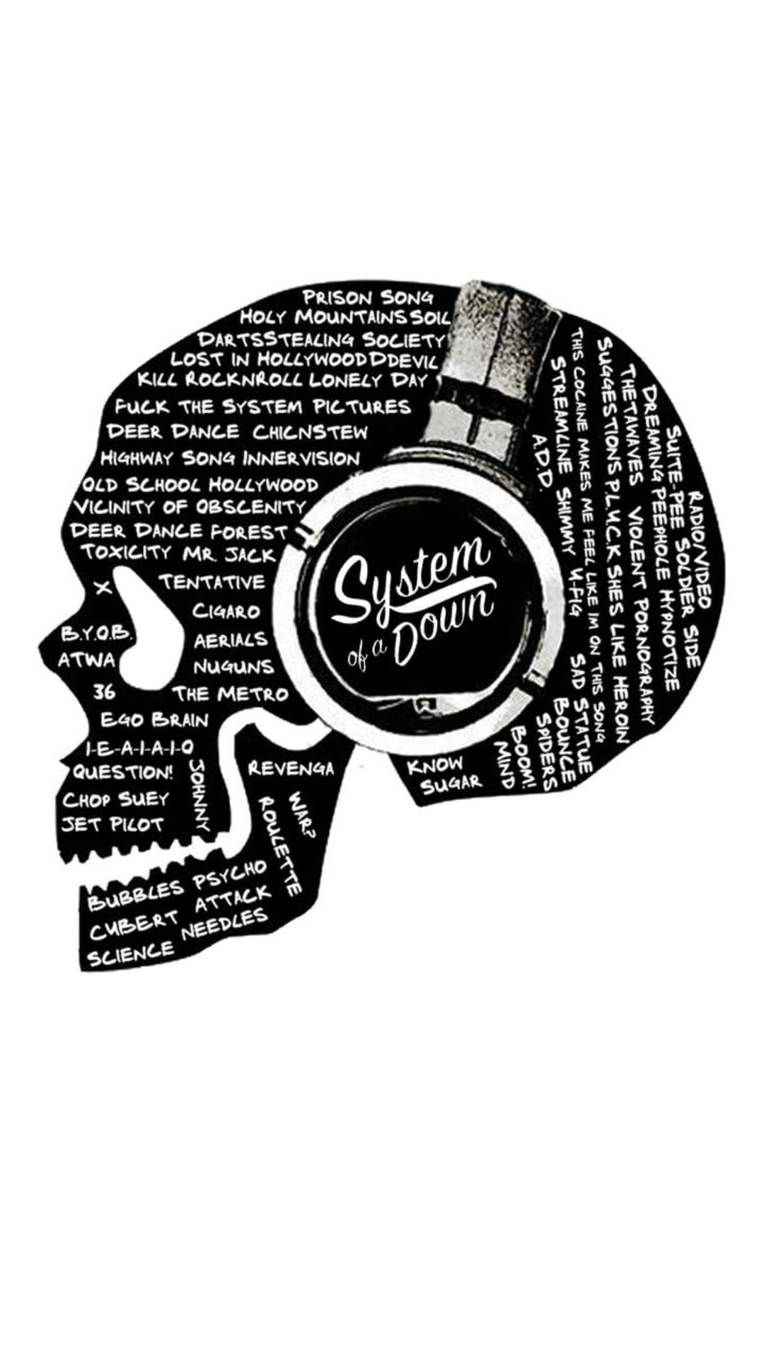 Human skull wearing headphones made of song names in a high-contrast black and white vertical composition.