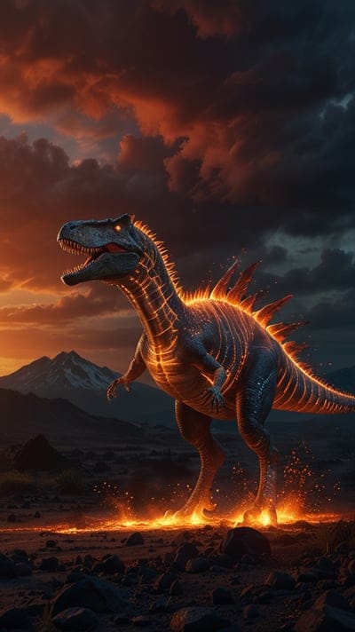 Spinosaurus,Cool,Fiery,Fire,Dark,Animal,Volcanic,Wallpaper,Ai Wallpaper,Ash,Dark Clouds,Lava,Fire Wallpaper