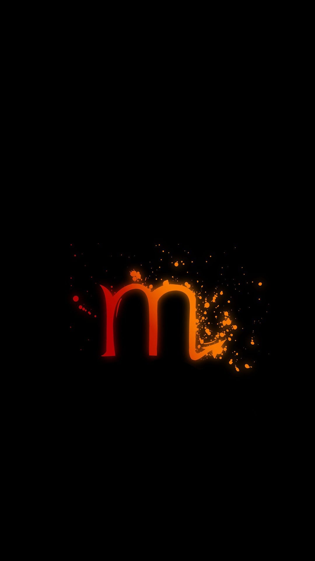 Stylized Scorpio m logo glows with red and orange gradients while emitting a splash of fiery sparks on black.