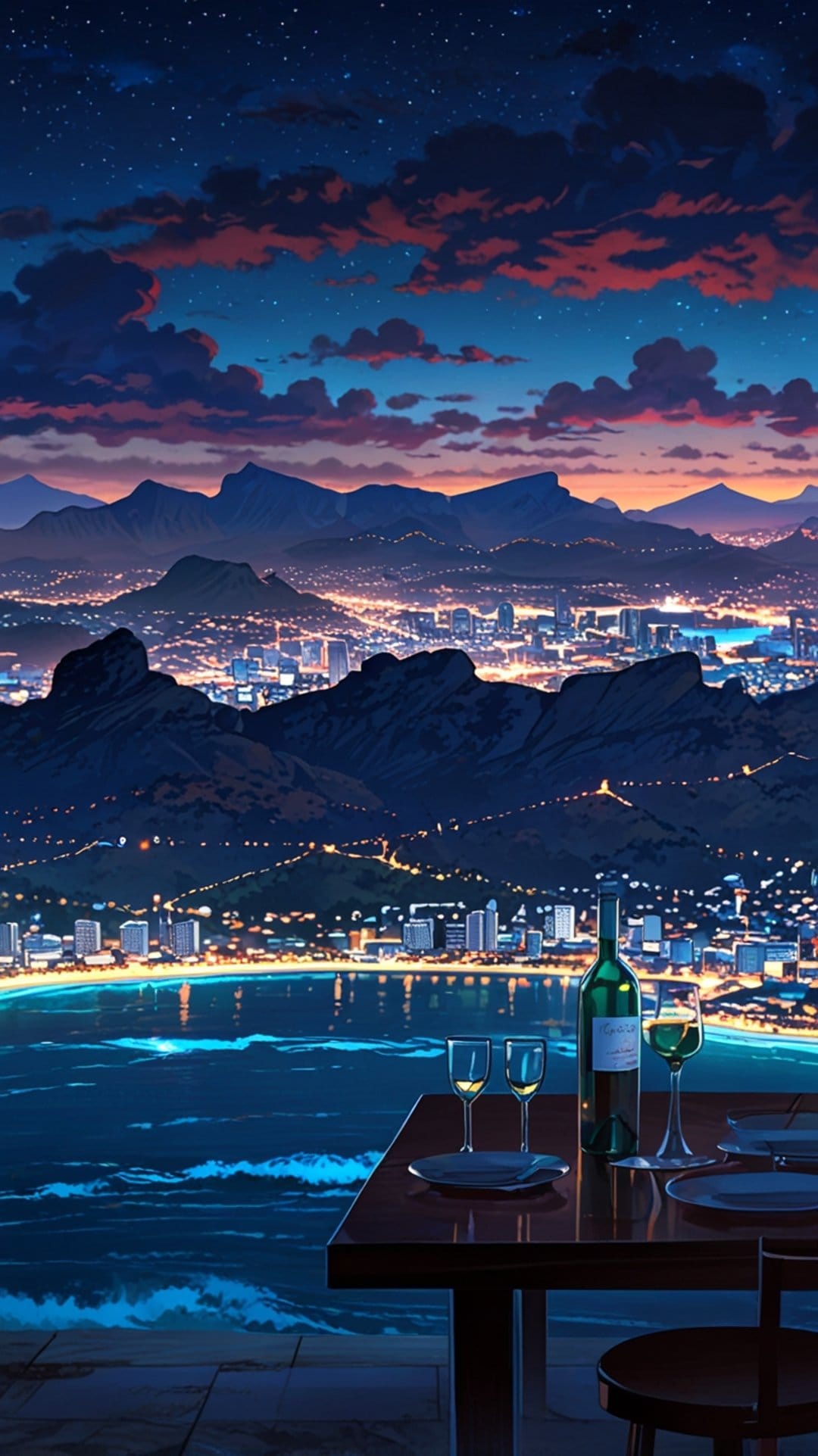 An elegant dinner table with wine glasses overlooks a glowing coastal city and dark mountains under a starry sky.