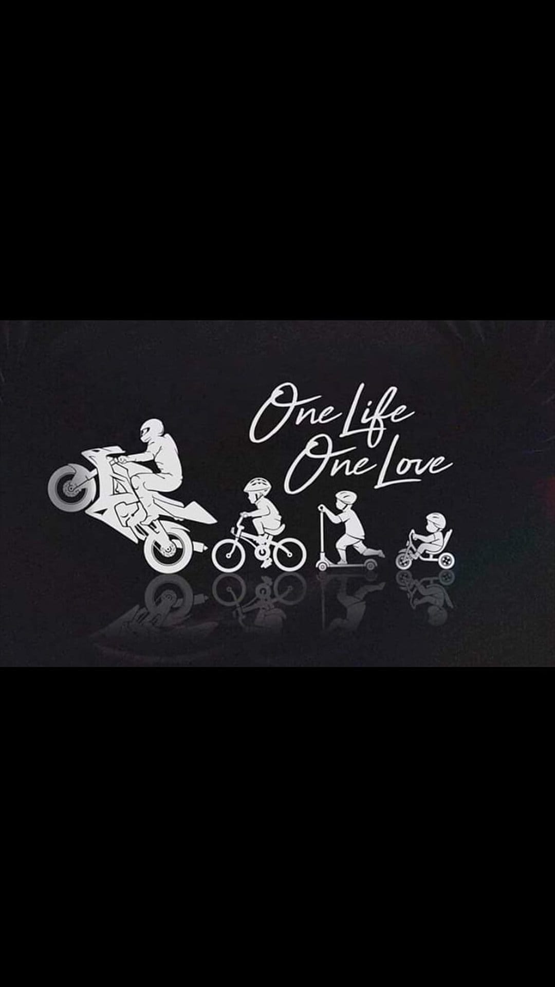 White silhouettes of a toddler on a trike, children on scooters, and a motorcycle stunt rider on a black floor.