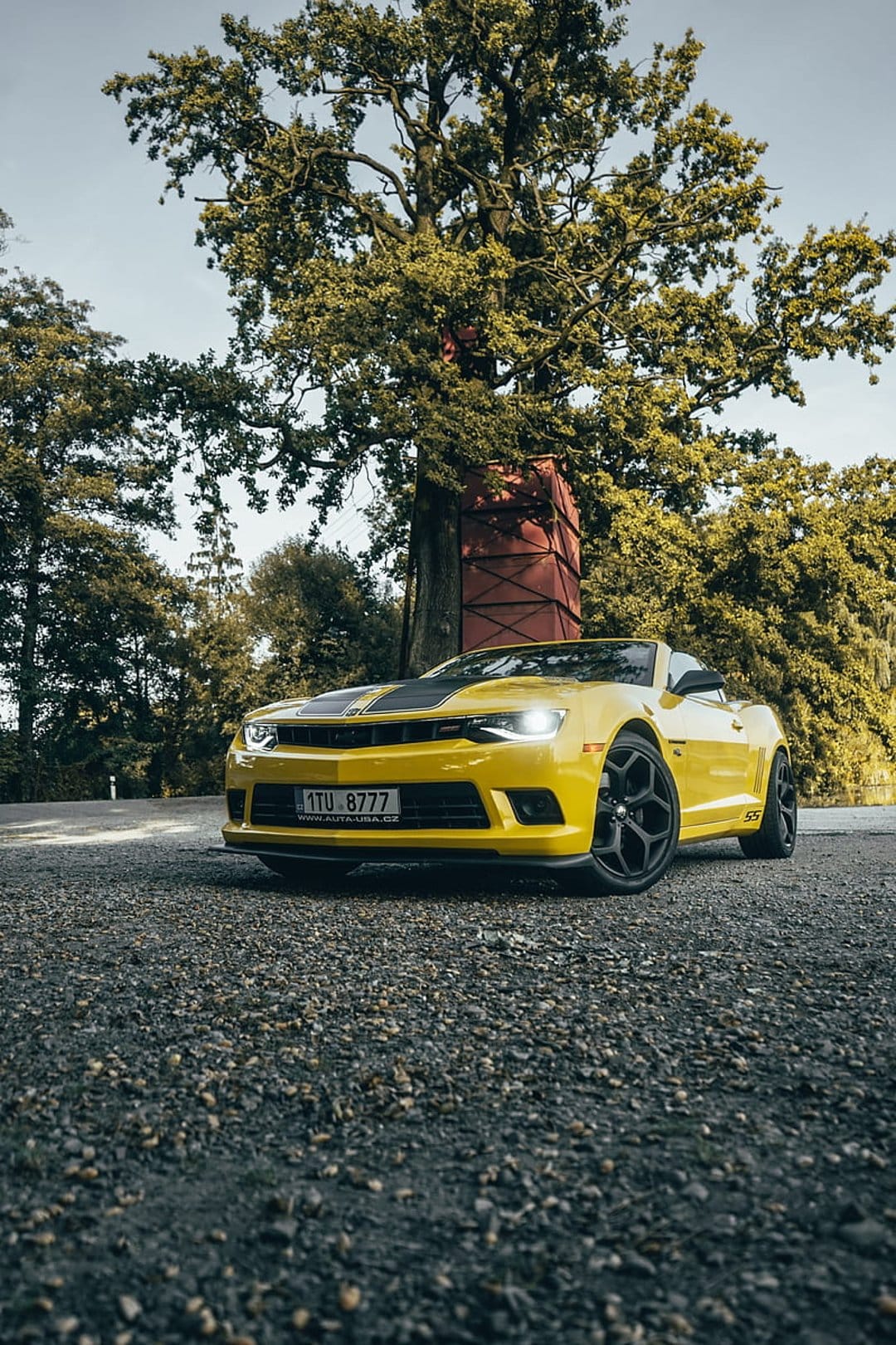 Yellow Chevrolet Camaro SS with black stripes parked on gravel under a green oak tree next to a red building.