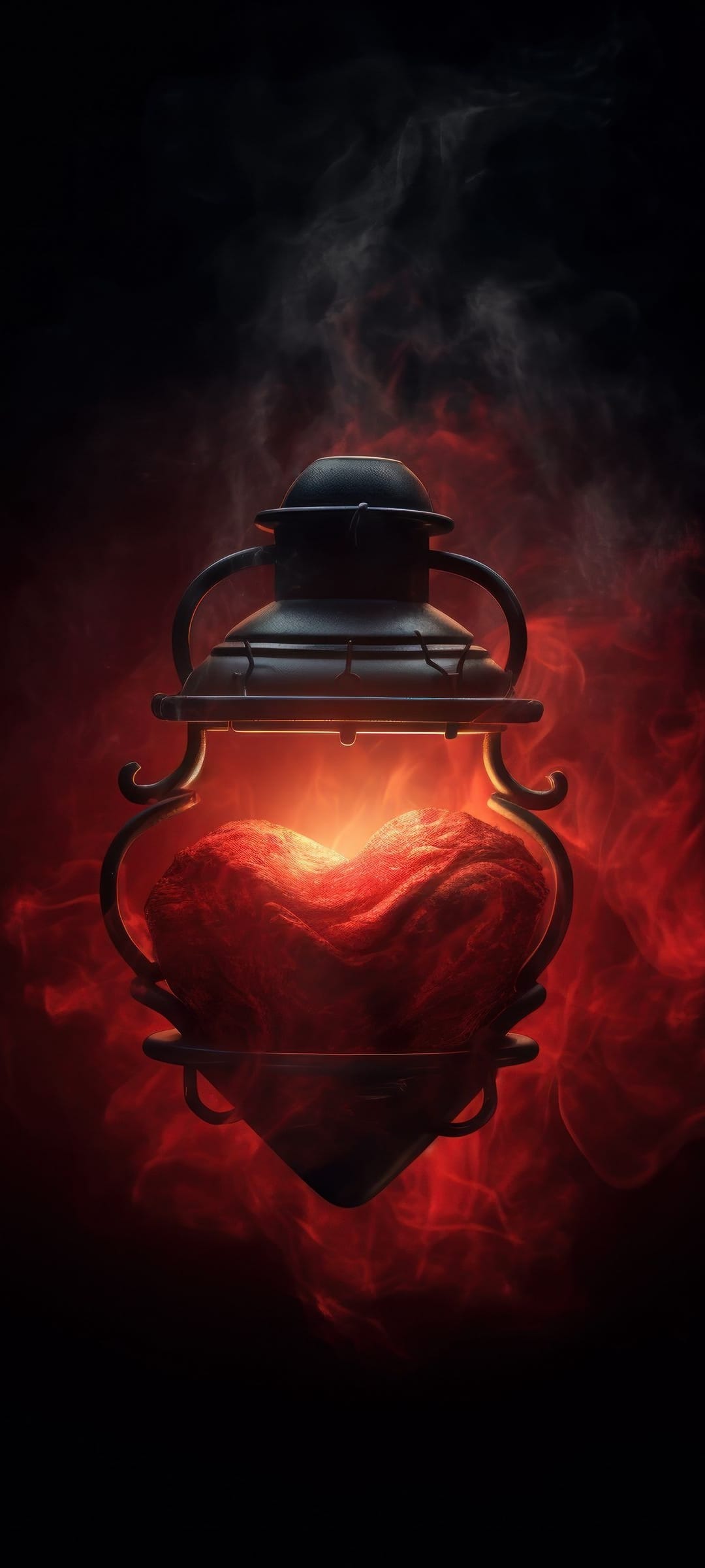Ornate metal lantern containing a glowing red heart surrounded by thick plumes of crimson smoke and embers.