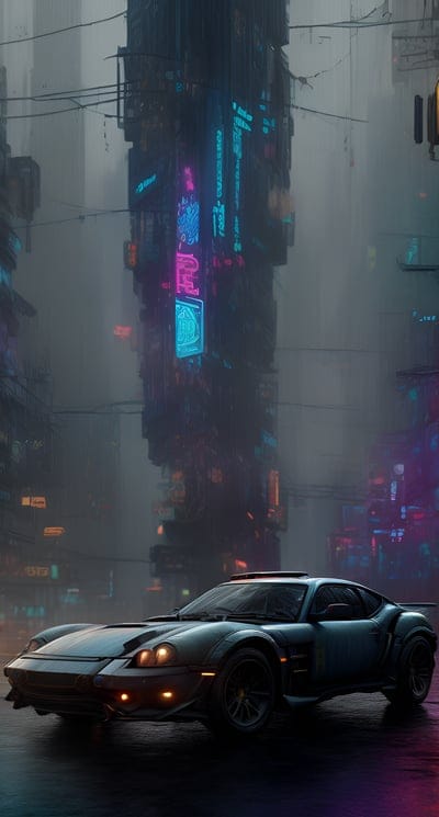 car,city,cyberpunk,fog,art,skyscrapers