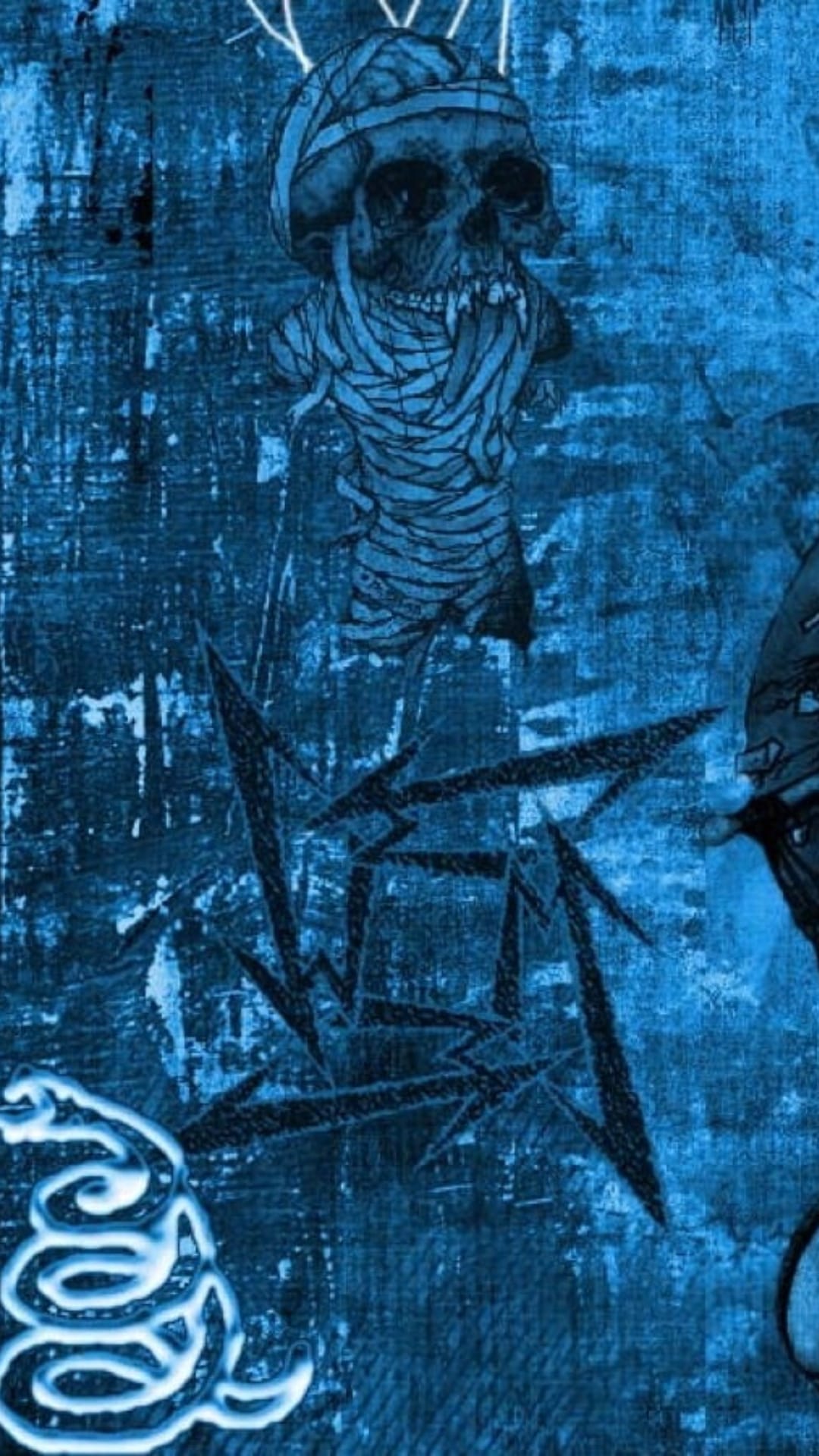 Mummy wrapped skull with a coiled snake and Metallica logo rendered in glowing blue tones on a dark background.