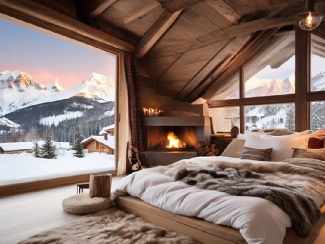 Stone fireplace glows next to a bed with fur blankets facing a snowy mountain range through a large window.
