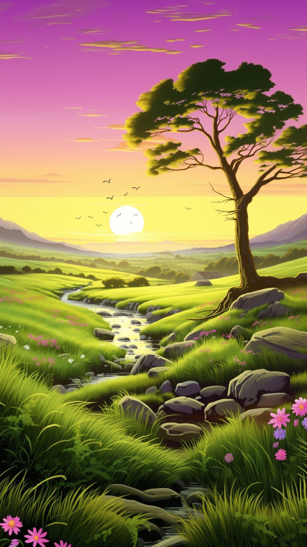 Winding stream flows through green hills under a pink sunset sky with distant silhouetted trees and wildflowers.