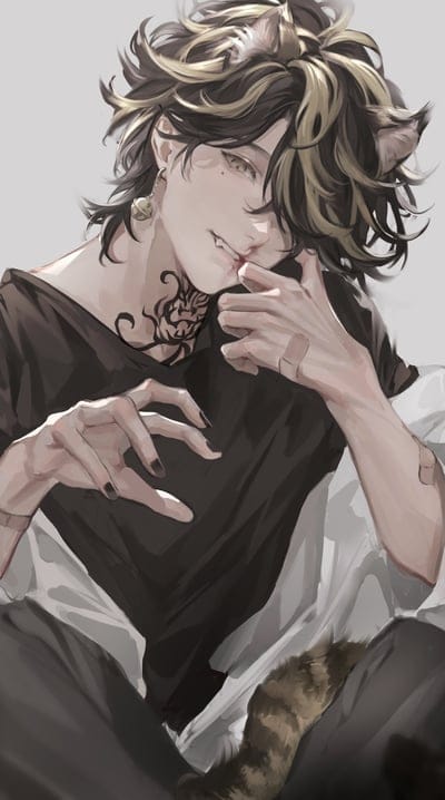 boy,anime,art,cat,ears,tail,fangs,tattoo