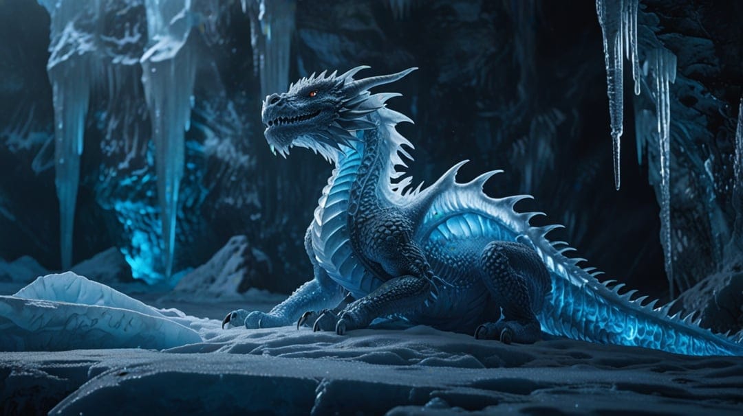 Blue ice dragon with glowing scales curled up inside a dark cavern filled with hanging icicles.