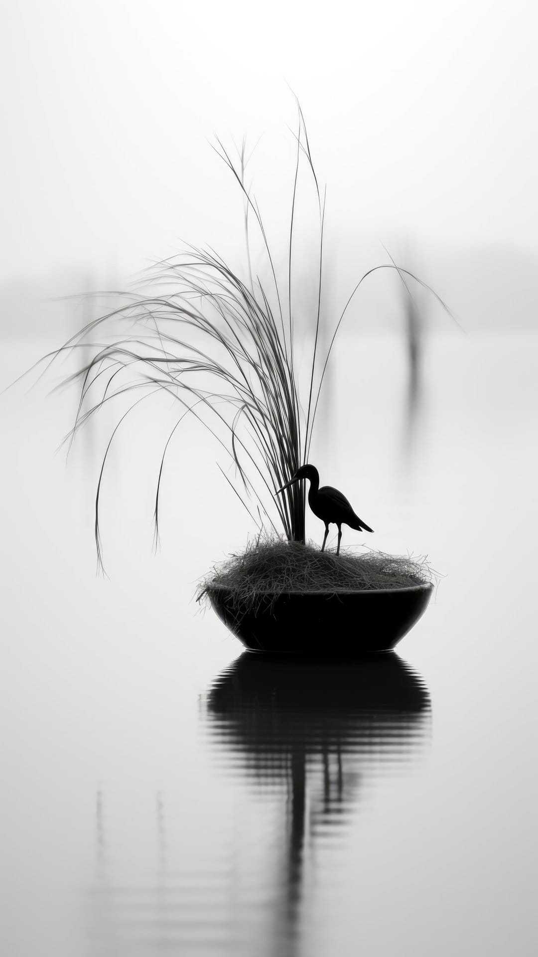 Heron silhouette perched on a grassy island inside a bowl reflects clearly on the surrounding calm water.