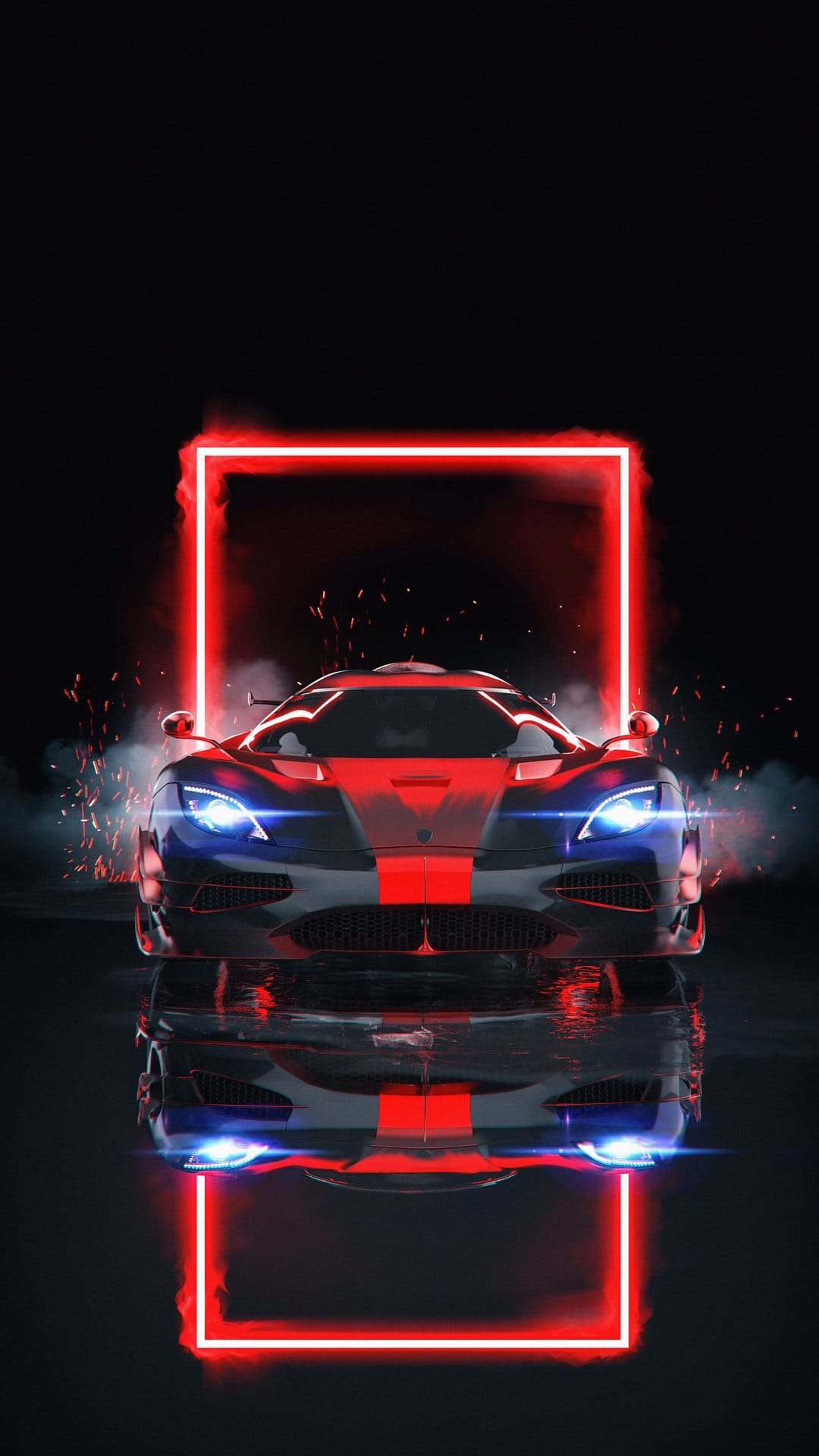 Red and blue supercar centered in a glowing neon rectangle with sparks and smoke on a wet dark asphalt surface.