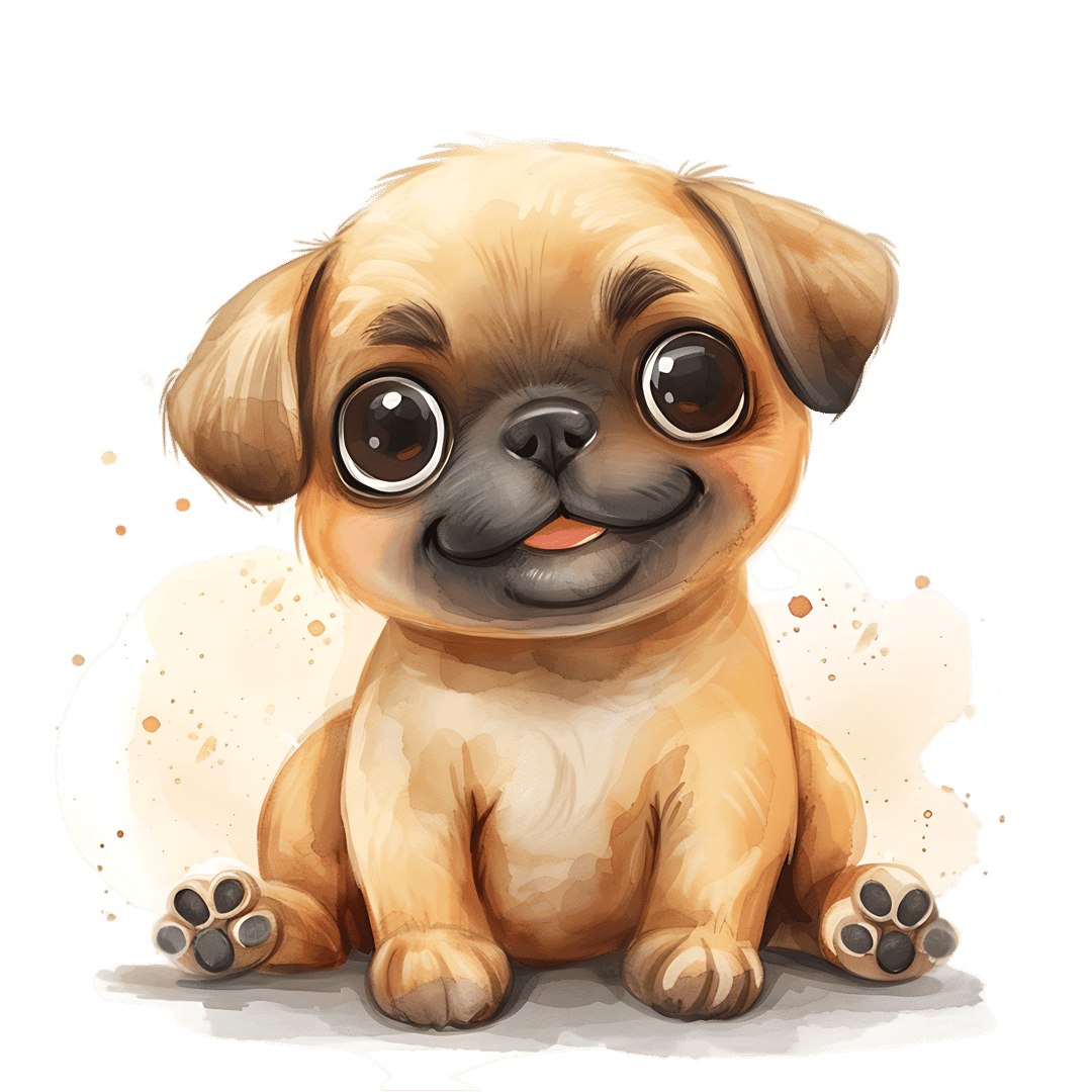 Pug puppy watercolor illustration features large dark eyes and a small pink tongue with soft brown fur textures.