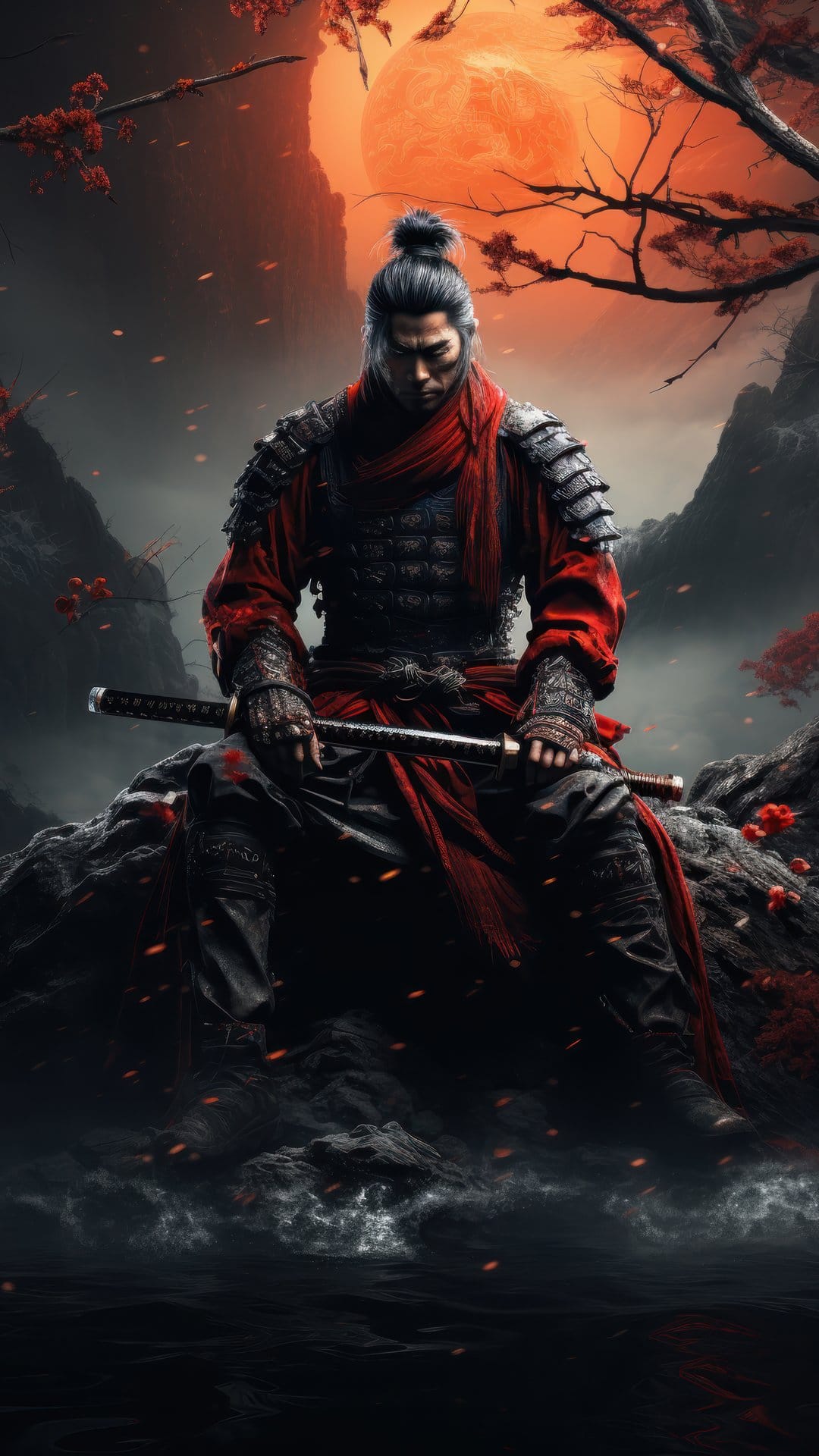 Samurai in black armor and a red scarf sits on a rocky cliff under a giant glowing red moon and misty peaks.