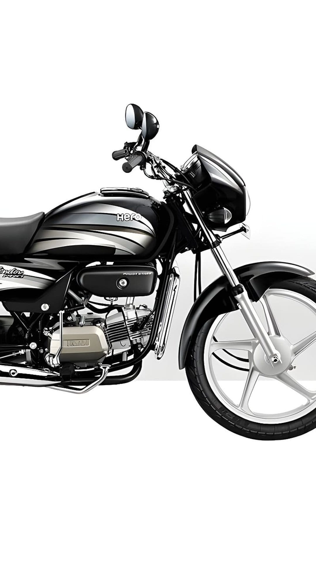 Black Hero Splendor motorcycle in a studio side view with silver engine accents and multi-spoke alloy wheels.