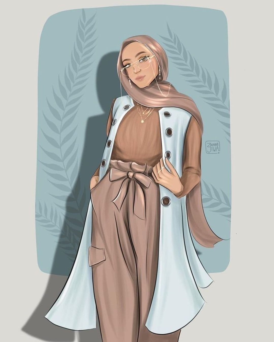 Hijabi woman wearing a light blue vest, brown trousers, and glasses against a soft blue leafy shadow backdrop.