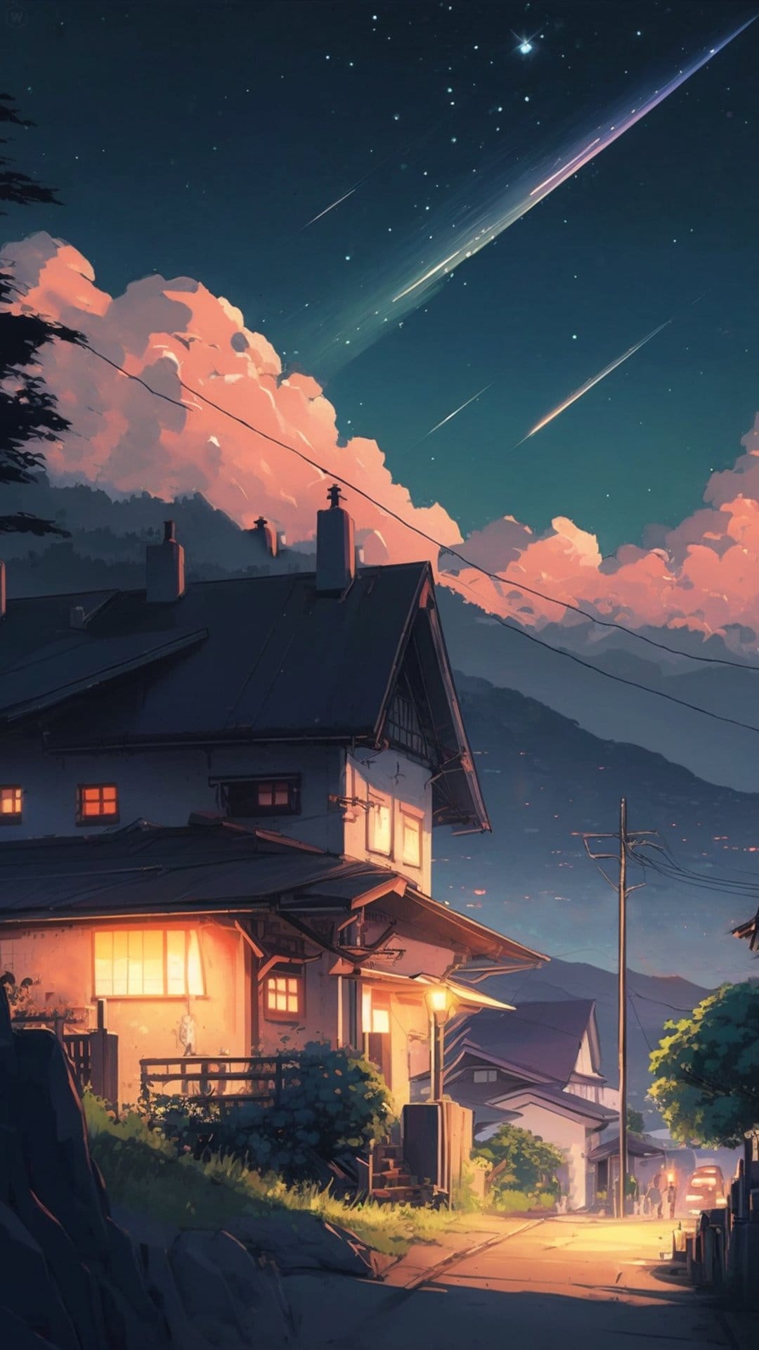 Streaking meteors fly over pink clouds and glowing traditional Japanese houses nestled in a quiet valley.