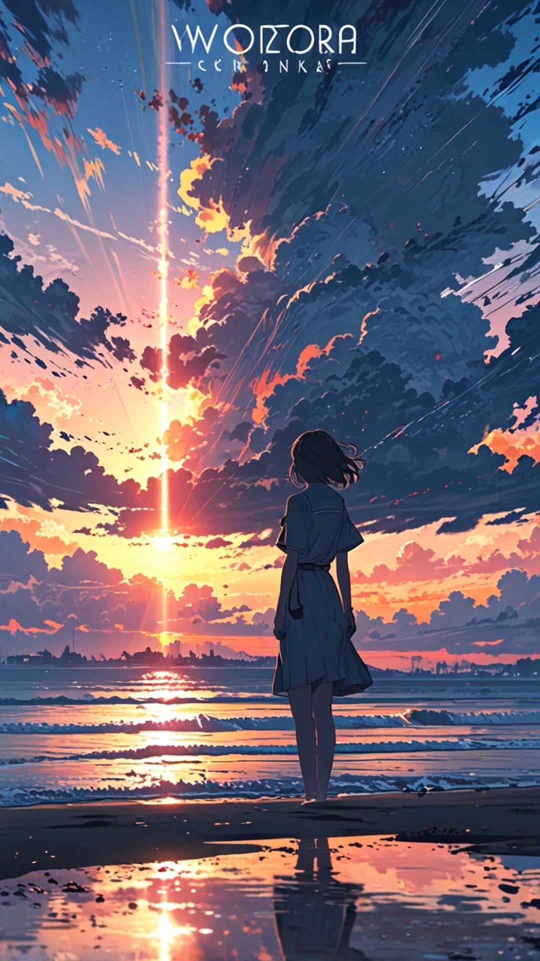 Anime girl stands on a sandy shore watching a fiery purple and orange sunset with a radiant light beam above waves.