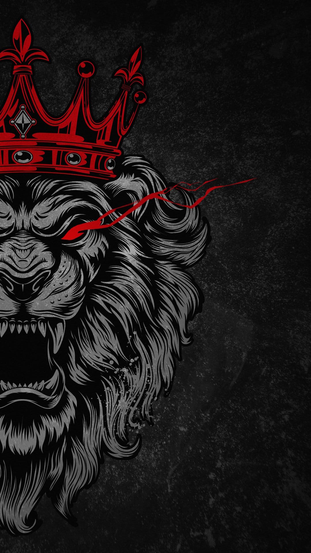 Roaring lion wearing a ruby crown with glowing red eyes against a textured dark vertical background.
