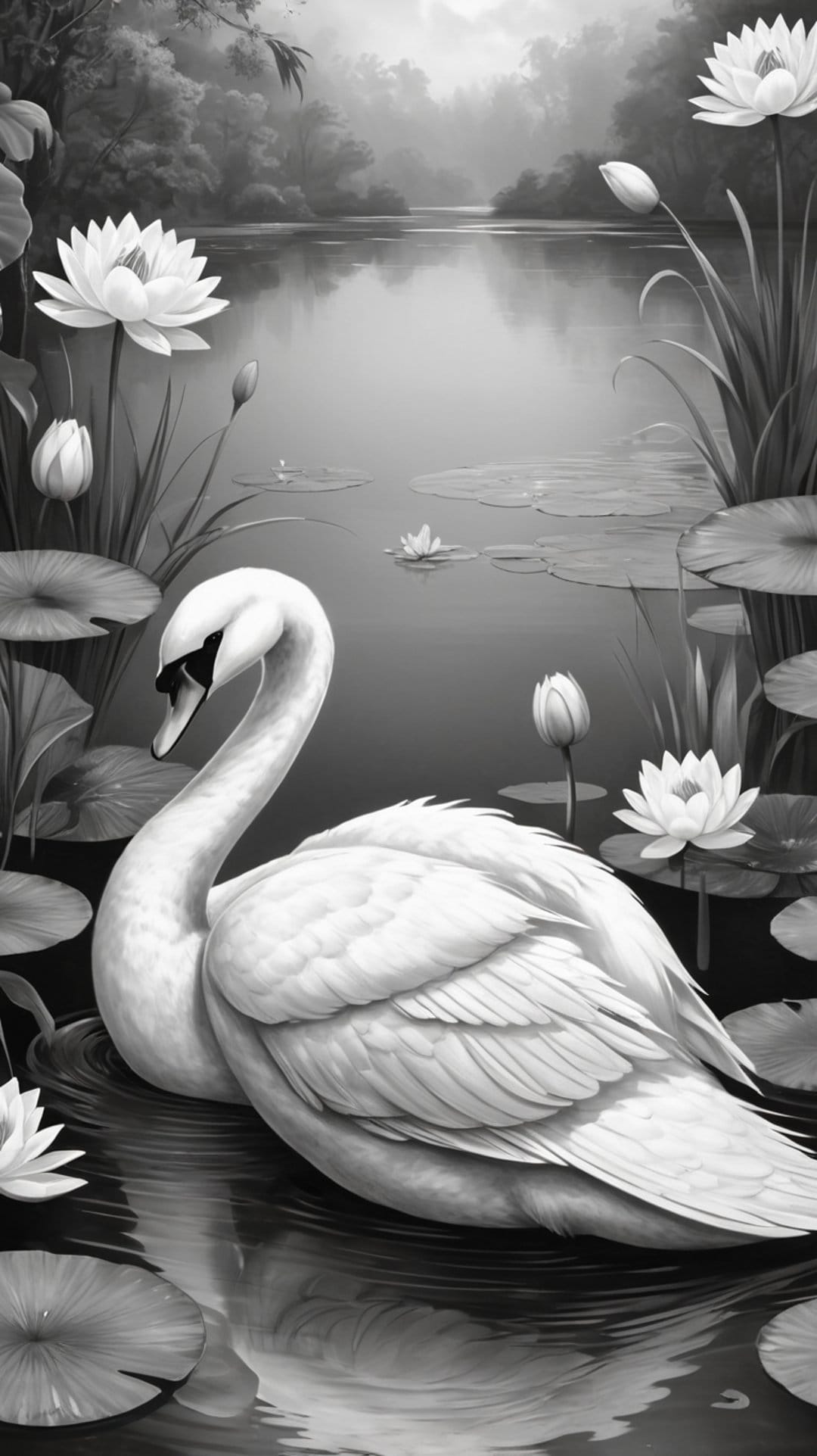 Graceful swan floating on a dark pond surface surrounded by circular lily pads and white water lily blooms.